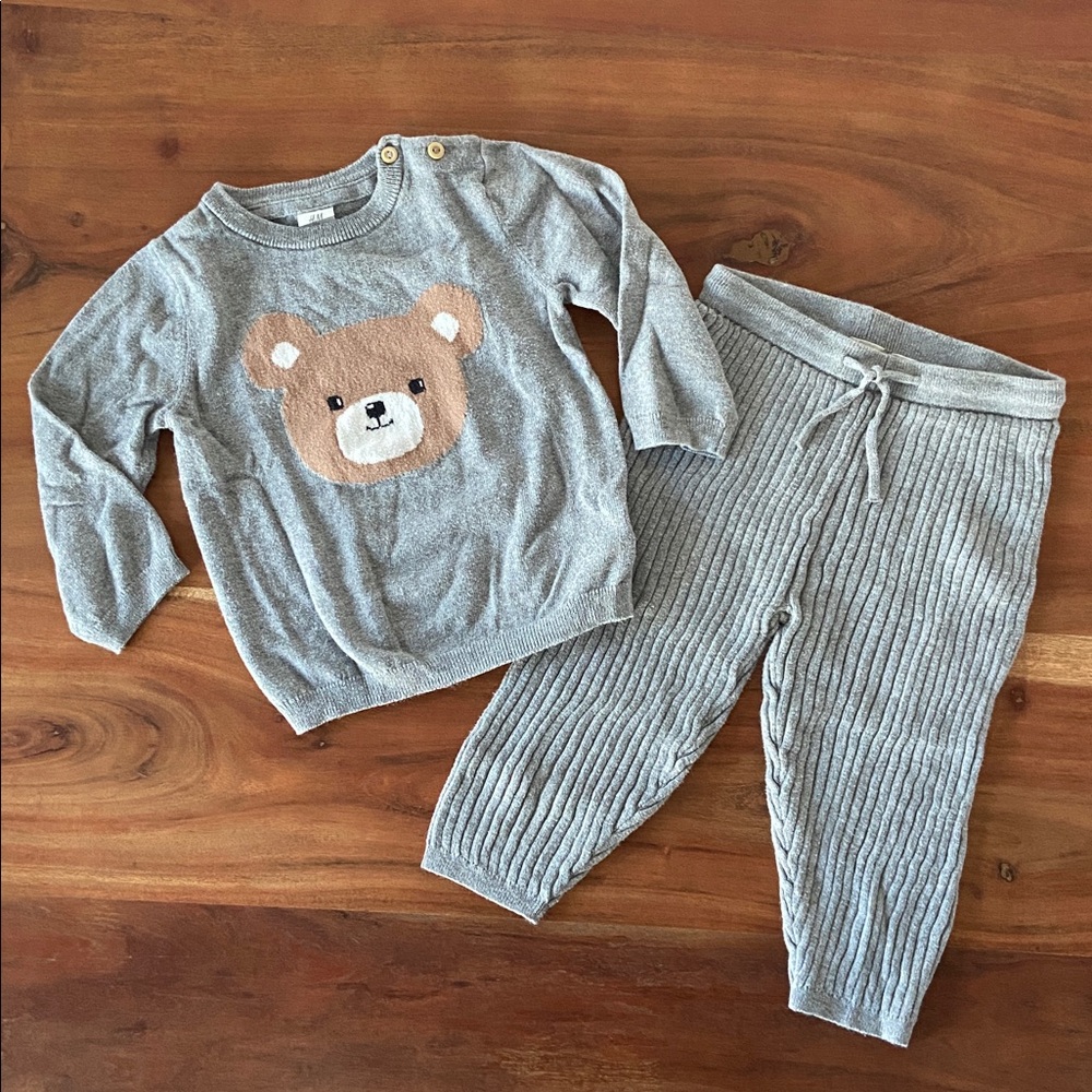 H&M baby grey knit teddy bear 2 piece set sweater & pants infant 12 months